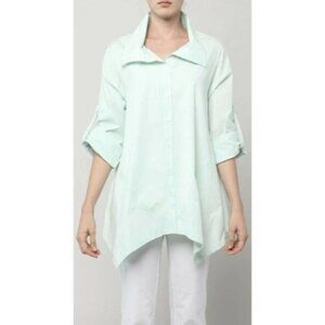 Inae Collection Mint Green Button-Down Asymmetrical Hem Shirt Womens S Cotton/Ny